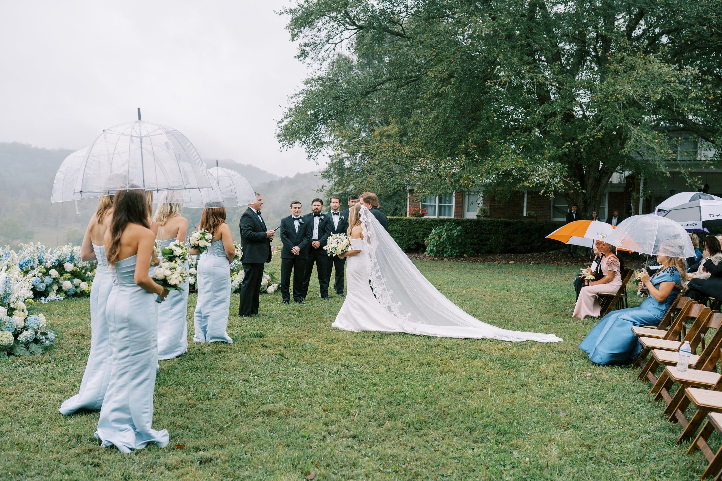 Wedding party lined up at the ceremony with the plantation house behind