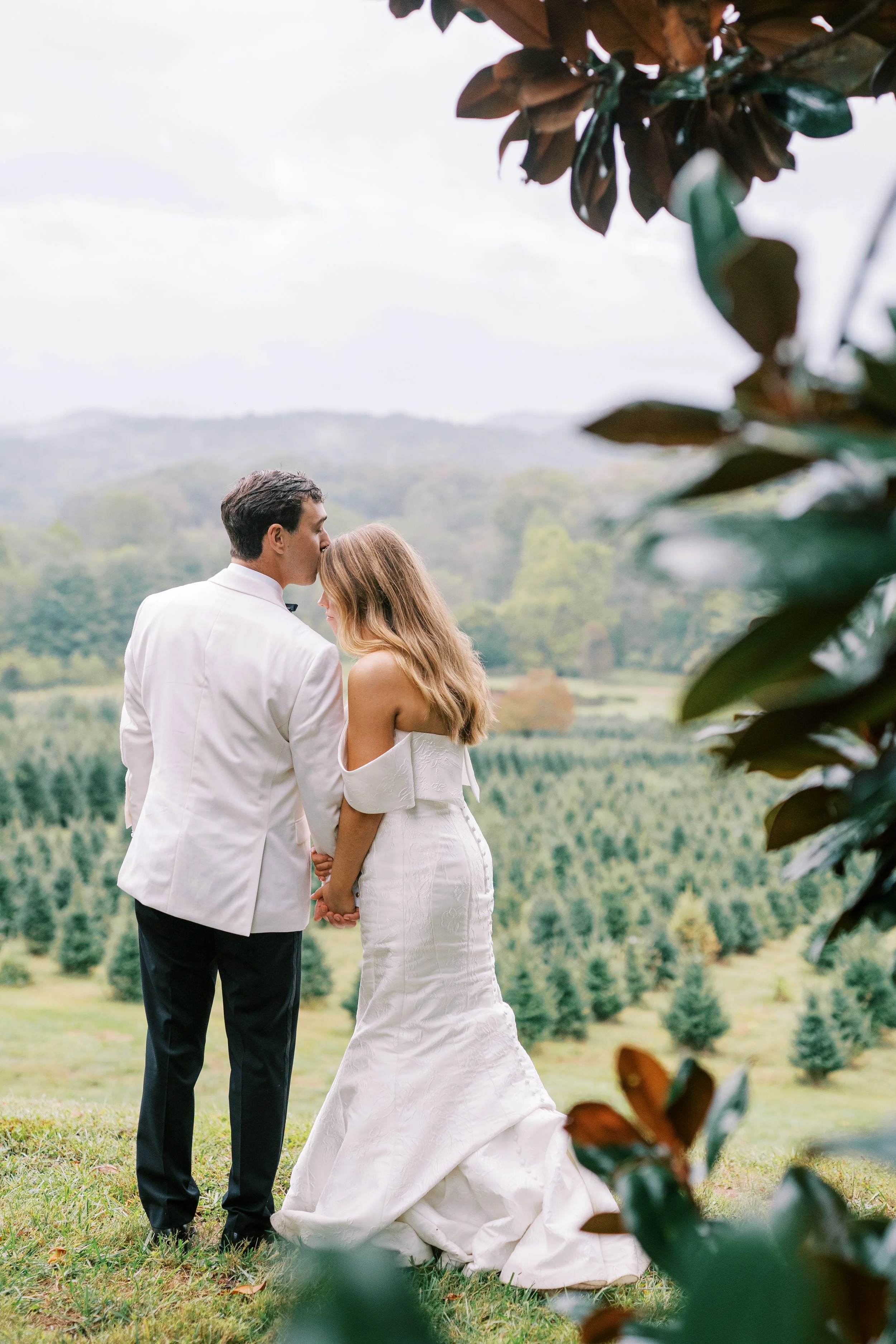 Bride and groom embracing with mountain view in the background