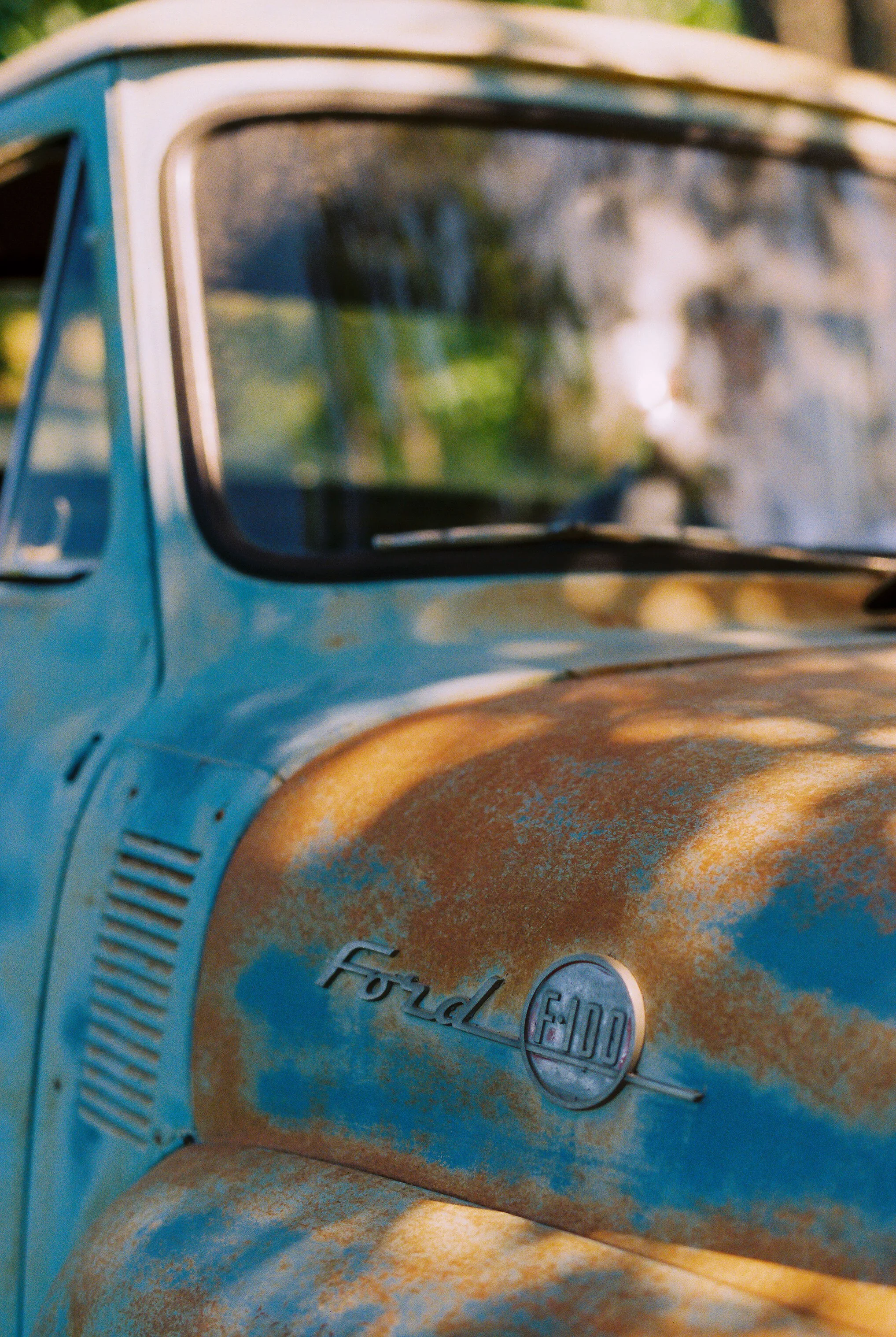 Close-up detail of the vintage blue Ford truck's weathered hood and grille with rust patina