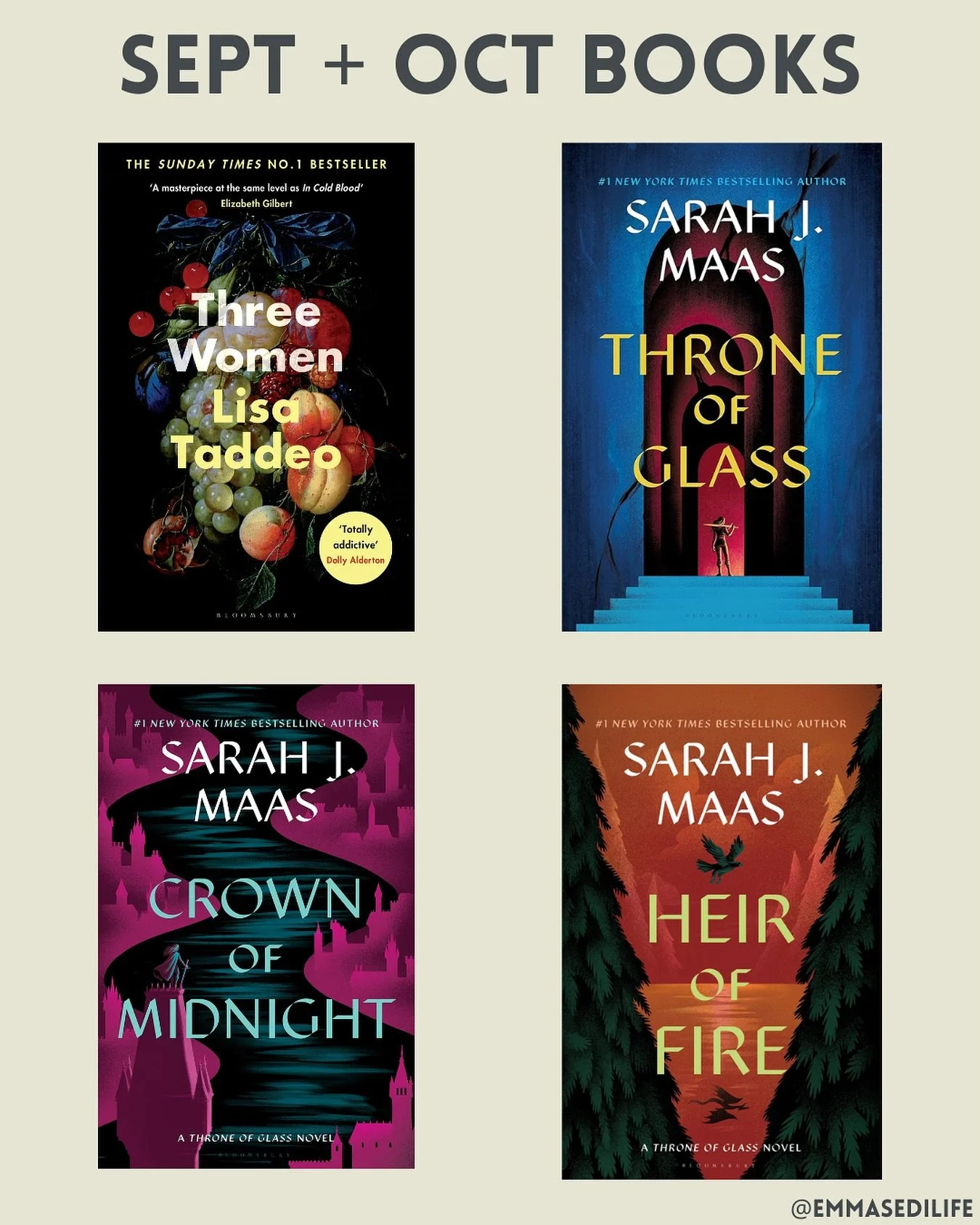 September + October books 👇

Three Women by Lisa Taddeo - an exploration of womanhood and sexuality through the true stories of three women. This was so well written and I will be seeking out more of Taddeo&rsquo;s writing. 

Throne of Glass series 