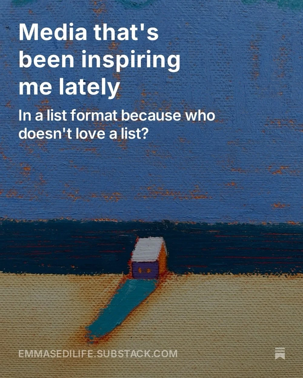 New on Substack, a compilation of the art and media that&rsquo;s been inspiring me lately 📝 

Painting by @matsolastudio 

#substack #writing #media
