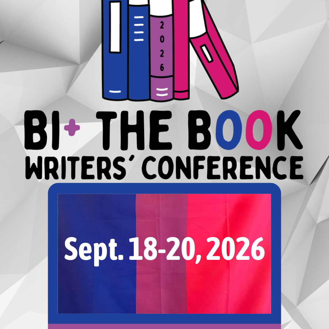 Poster for BI + The Book Writers' Conference, scheduled for September 18-20, 2026, with colorful books illustration at the top and event details on a background of blended blue and pink colors.