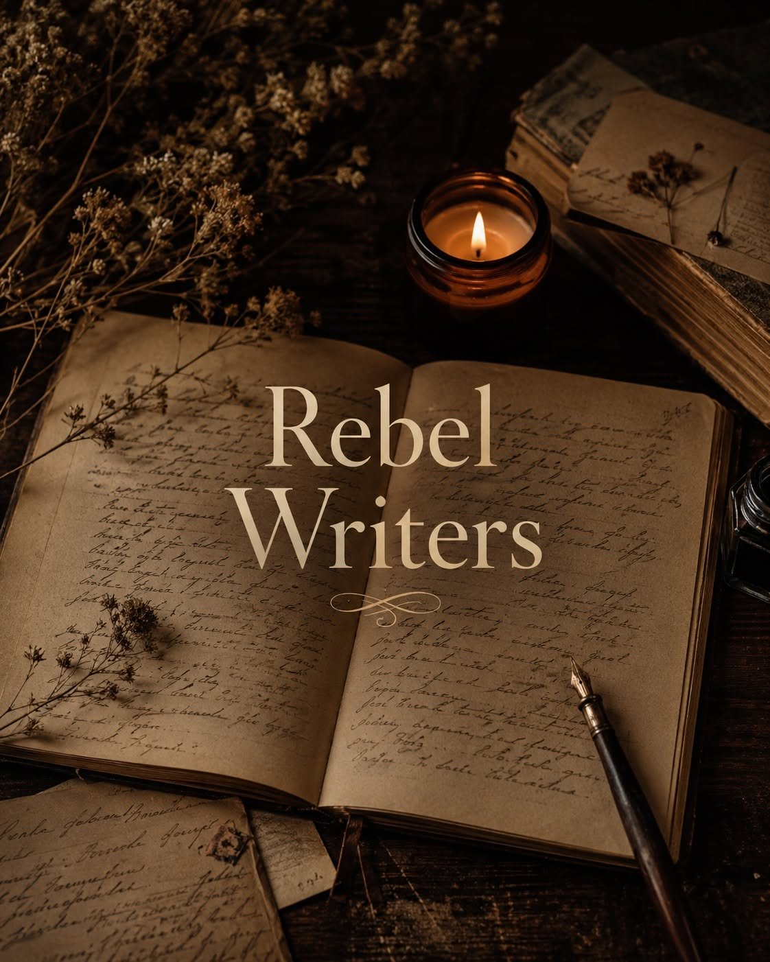 Open vintage journal with handwritten text, lit candle, dried flowers, and additional pages on a dark wooden surface, titled 'Rebel Writers'.