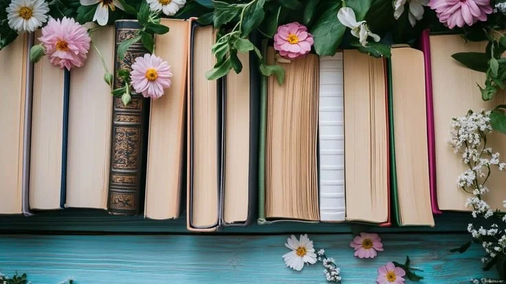 A row of books with various colored covers on a turquoise wooden surface, surrounded by pink and white flowers and green leaves.