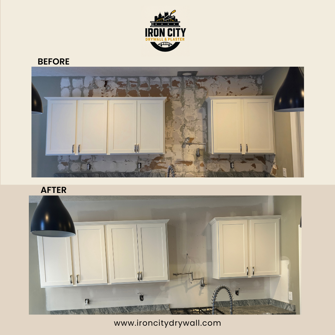 Drywall Before and After with White Cabinets