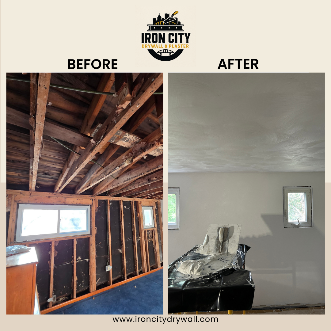 Drywall and plaster before and after basement in Kennedy Twp/Coraopolis, PA 
