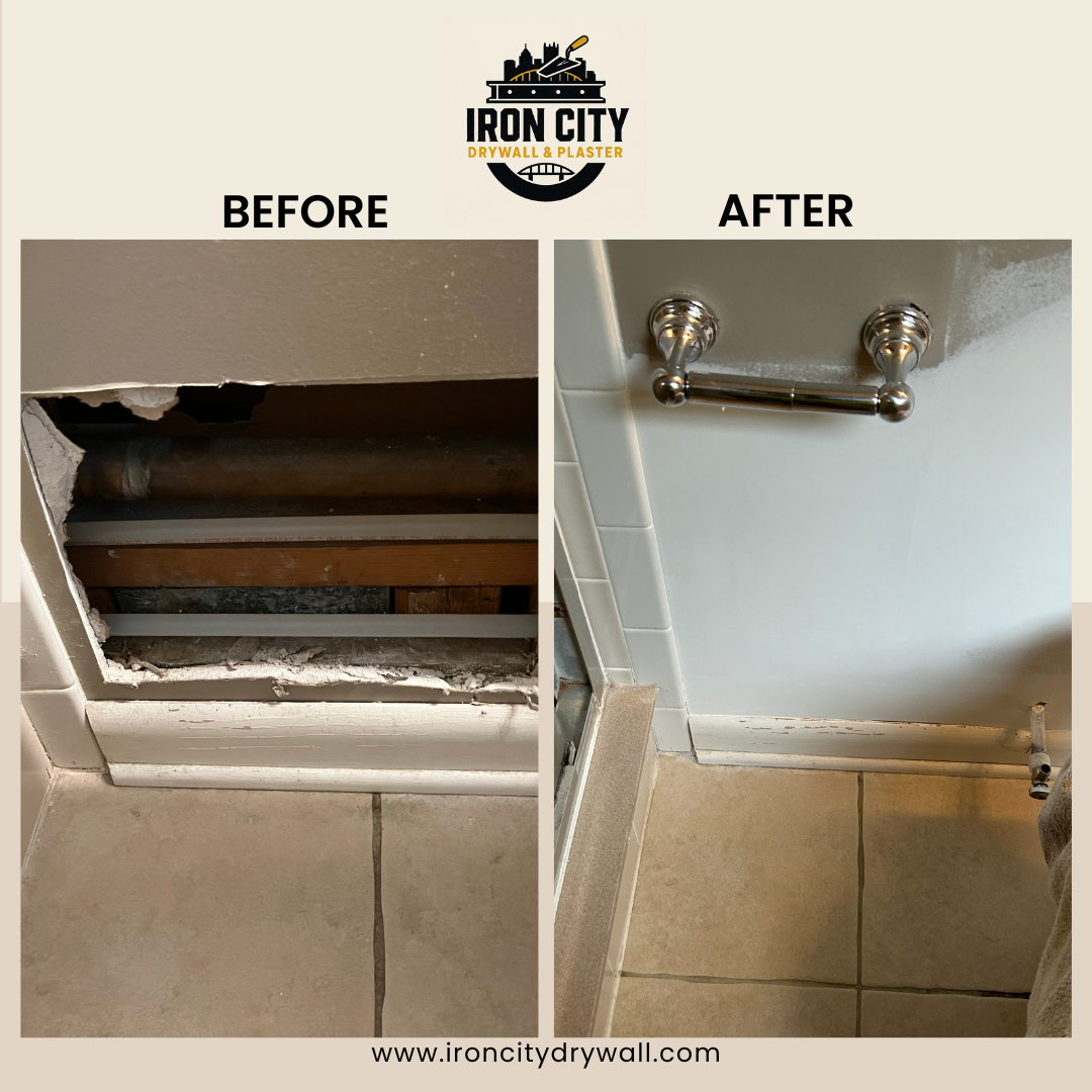 bathroom-leak-repair-drywall-allison park-before and after