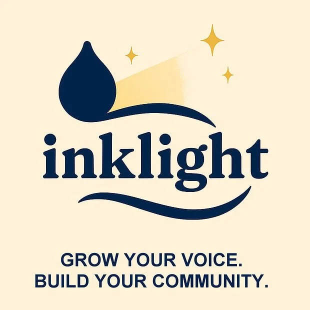A logo for 'inklight' with a stylized ink droplet and sparkles, along with the slogan 'Grow your voice. Build your community.'