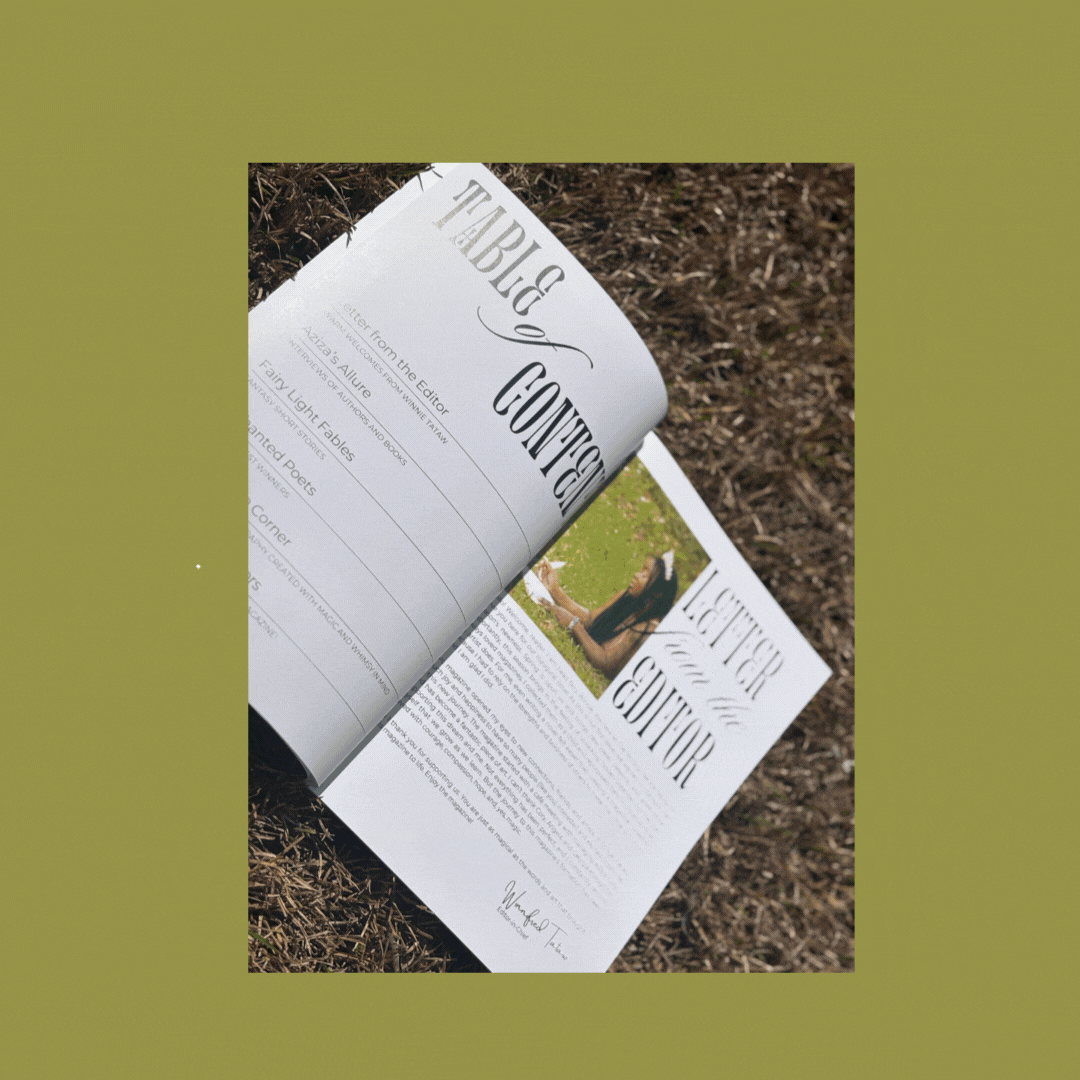 Open magazine or brochure placed on the ground with soil background, featuring content about an editor and writer.