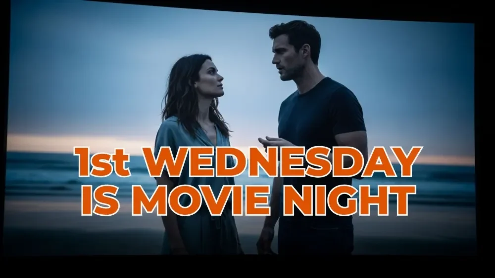 a couple talking on a movie screen with orange and white text overlay