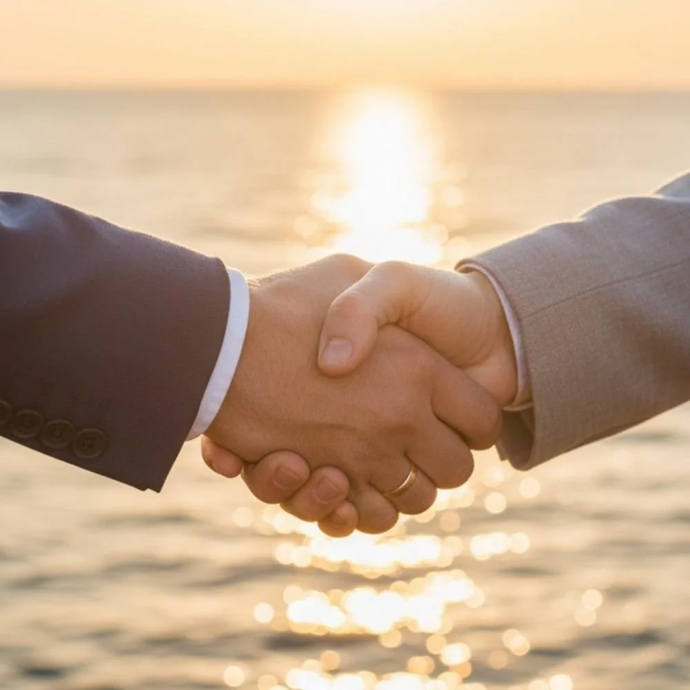 Two people in business suits shaking hands near the water at sunset.