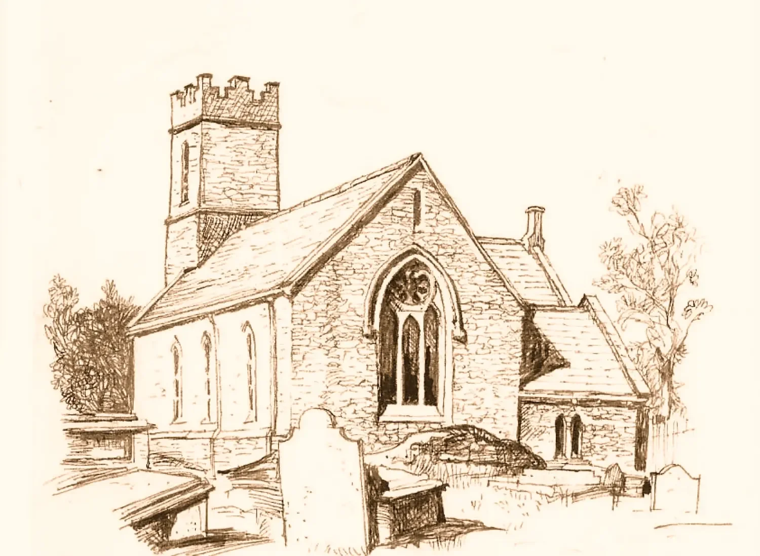 A sepia pencil sketch of St Catherine's exterior