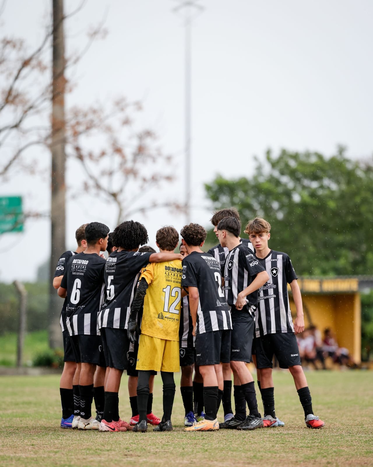 A group of young soccer players in black and white striped jerseys huddles together on a grass field during a game, with a few players wearing yellow jerseys, likely the goalkeeper, and a blurred background of trees and a yellow shelter.