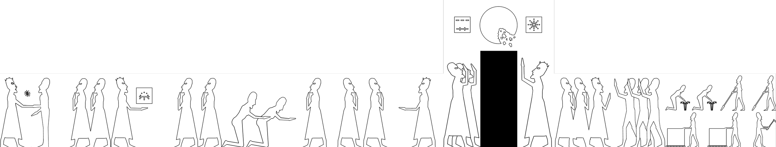 Wall of distorted humans engaged in apparent worship, labour and other interactions.