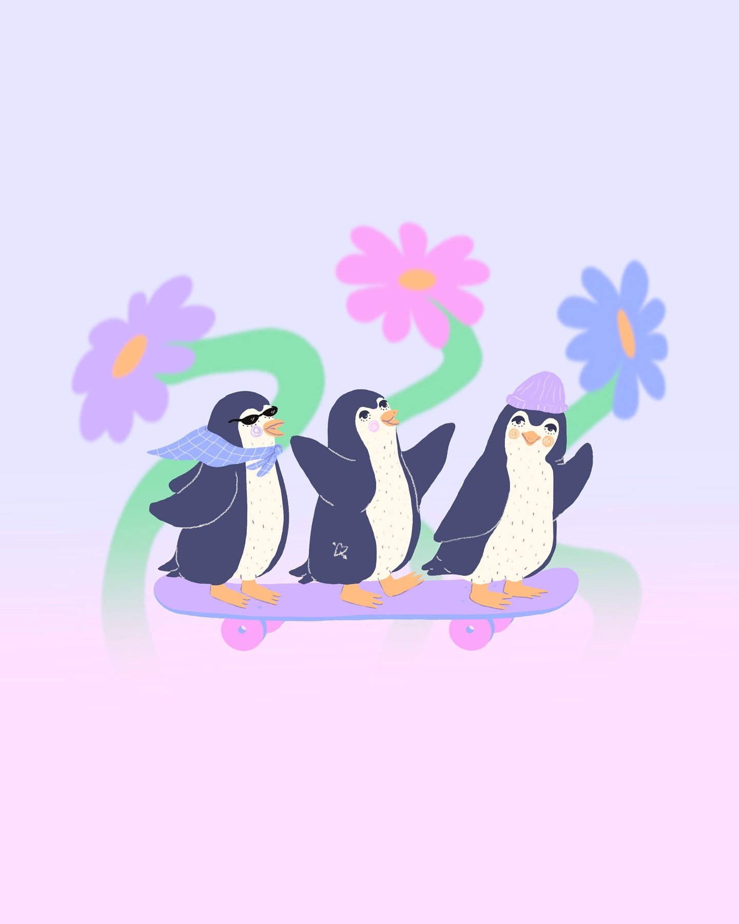 Trois pingouins sur un skate pour nous remonter le moral!! 🐧🛹🌸

&amp; nous faire oublier que des milliardaires b&eacute;b&eacute;s lala se prennent pour les rois du monde!

Carte postale et autocollant bient&ocirc;t disponibles dans ces belles bou