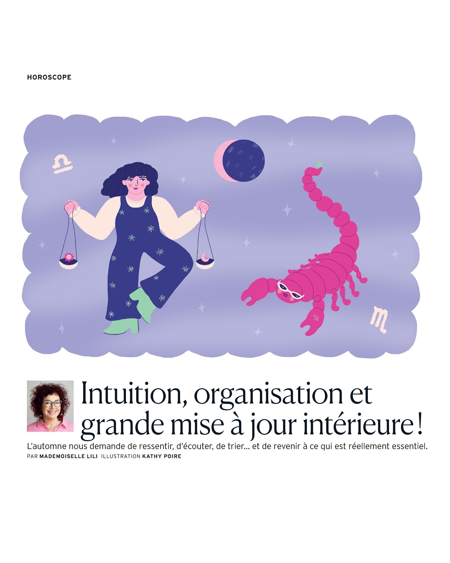 Illustration pour le dossier astro du num&eacute;ro automnal du @magazine_vero 🍃 Cette parution est sp&eacute;ciale, puisque c&rsquo;est leur 50e num&eacute;ro!! 🎉

Les signes en vedette sont la balance et le scorpion. ♎️♏️ Probablement les deux si