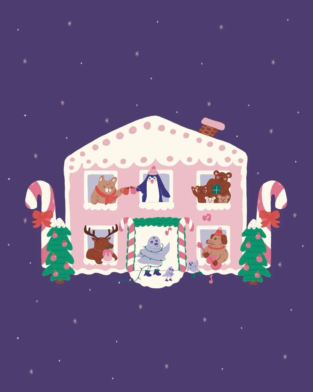 Maison sucr&eacute;e 🍭🍬🎄

Illustration de carte postale, qui &eacute;tait au d&eacute;part une carte de souhait des f&ecirc;tes en deux couleurs pour l&rsquo;organisme Projet Harmonie. J&rsquo;avais ensuite envie d&rsquo;y ajouter encore plus de c