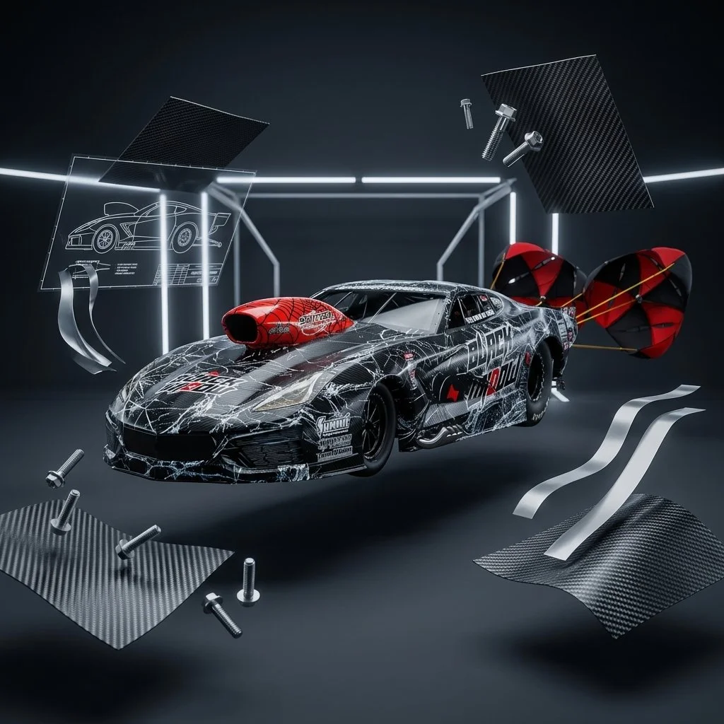 A race car on a drag strip with a painted graphic of a skeleton in a hooded cloak holding a scythe.