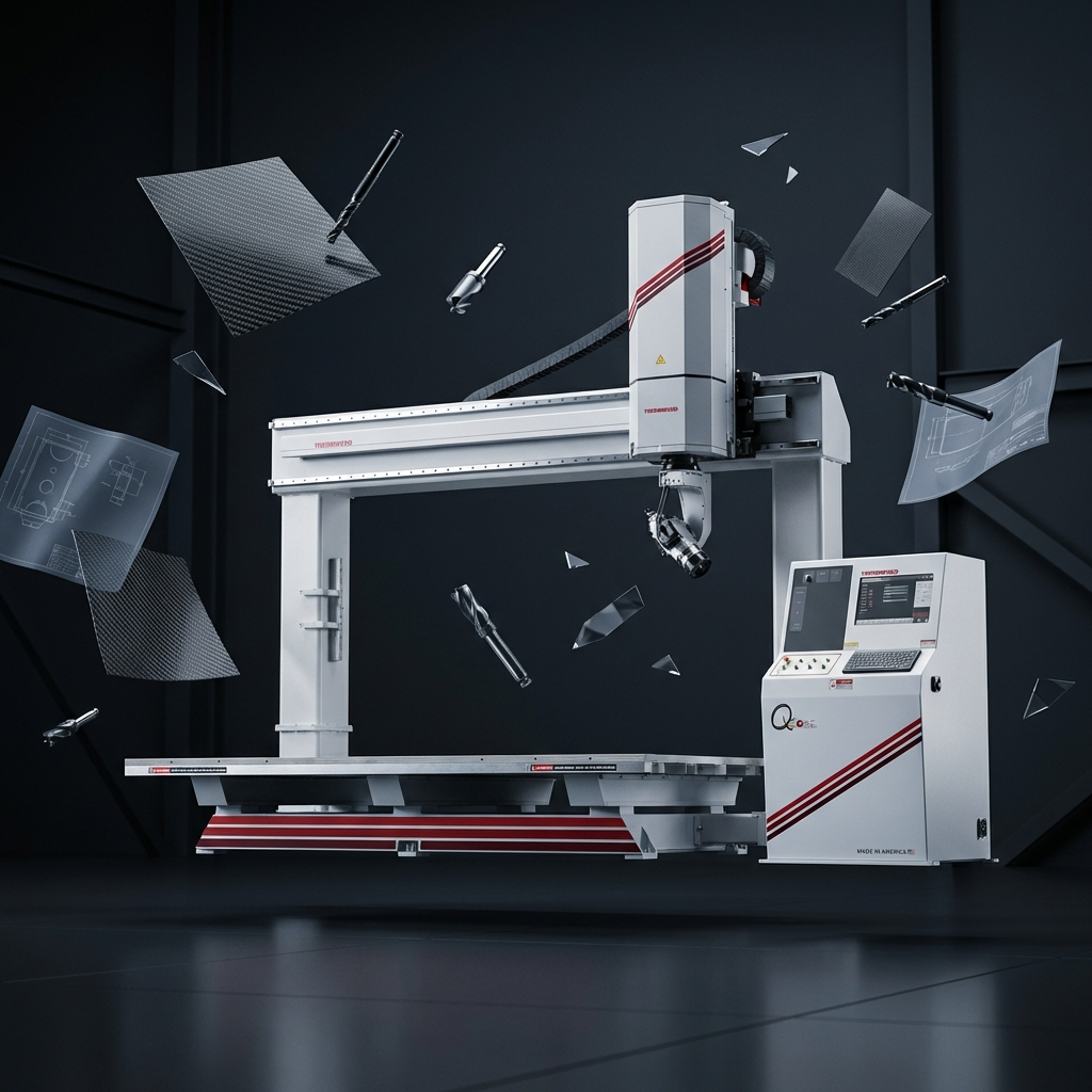 A woodworking CNC machine in a workshop with a computer control station.