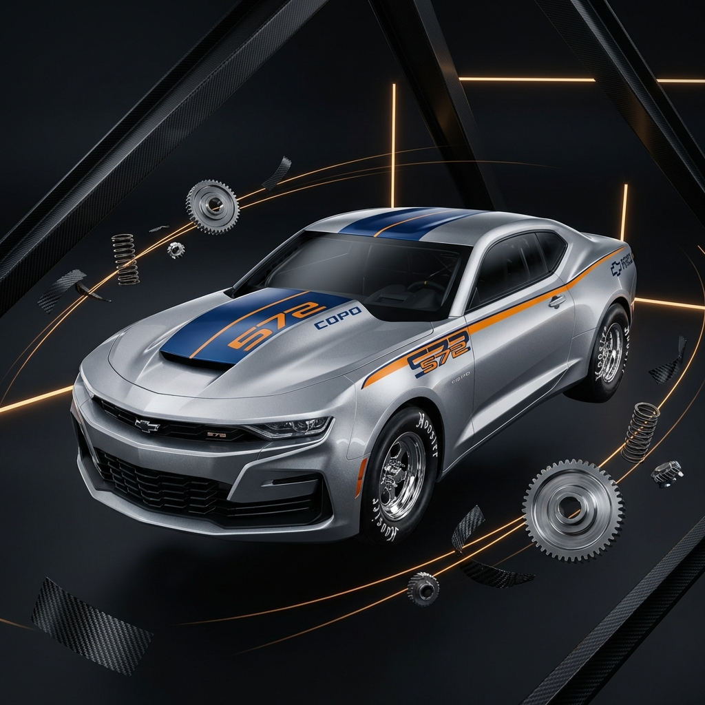 A blue Chevrolet Camaro race car with racing stripes displayed on a red carpet at an outdoor event, with a crowd of people in the background.