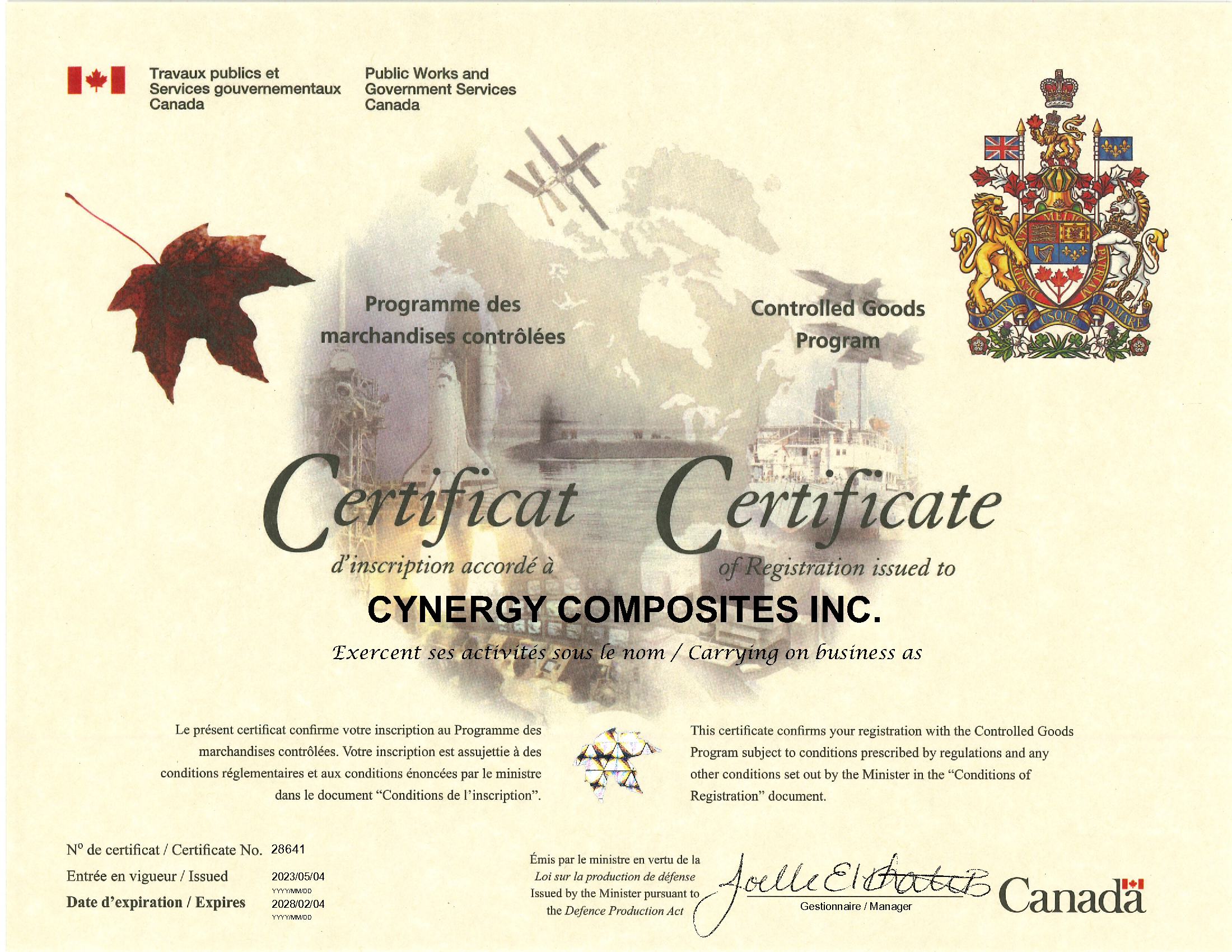 Certificate issued to CYNERGY COMPOSITES INC. by Canada, with a background image of an industrial plant, a ship, and a map of the world. The certificate features French and English text, a Canadian flag, and a coat of arms.