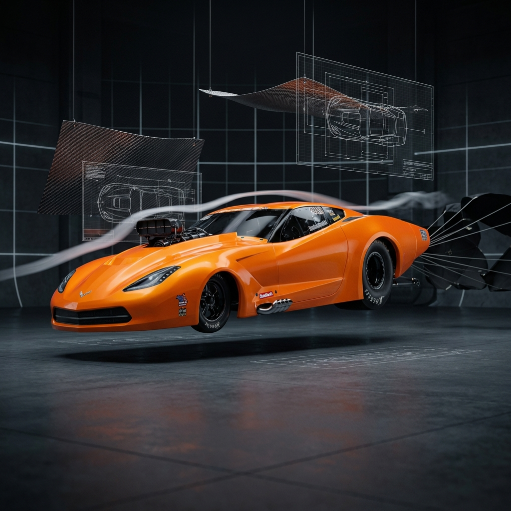 A race car on a drag strip with a painted graphic of a skeleton in a hooded cloak holding a scythe.