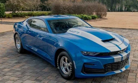 Blue sports car with racing stripes parked on a brick driveway, surrounded by a garden and trees.