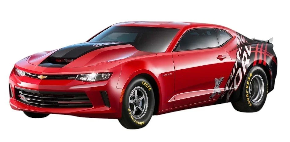 A red Chevrolet Camaro race car with a black racing stripe on the hood, featuring sponsorship decals, racing tires, and a rear spoiler.