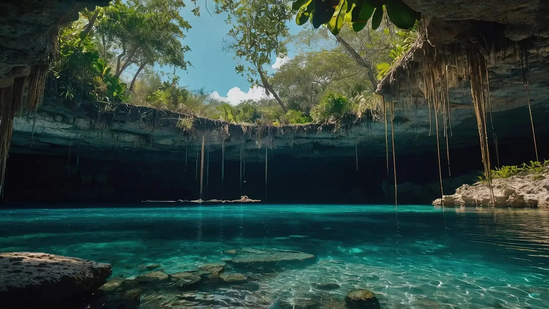 Underground cenote with turquoise water, rocky edges, hanging roots, and lush green vegetation outside above the opening.