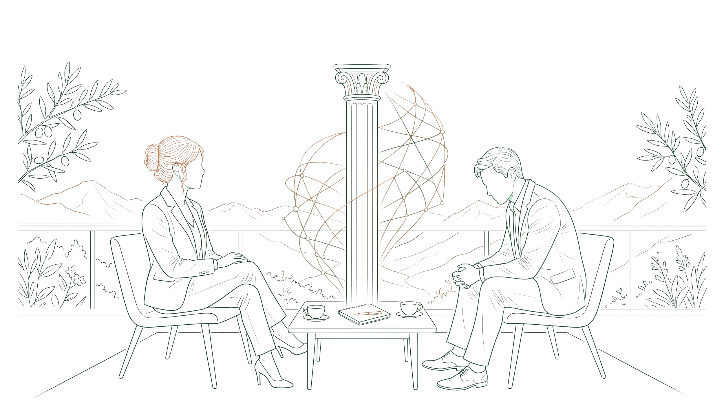 Deux personnes en costume serré, assises en face à face sur une terrasse, en train de discuter. Il y a une colonne au centre. La scène est entourée de végétation et de montagnes en arrière-plan, avec des branches d'olivier visibles.