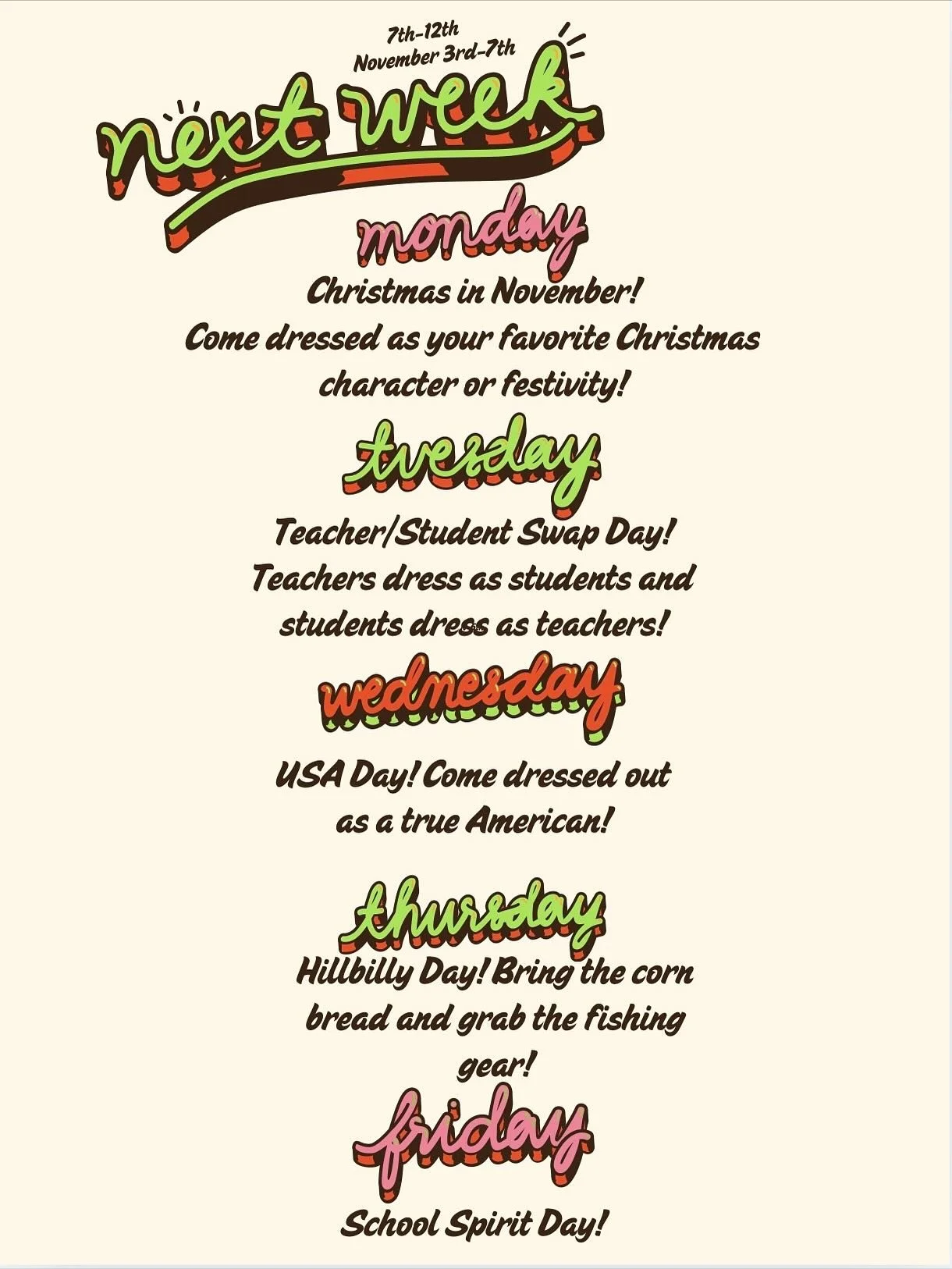 SPIRIT WEEK is next week! Swipe ➡️ to see the K-6 themes! 🤩