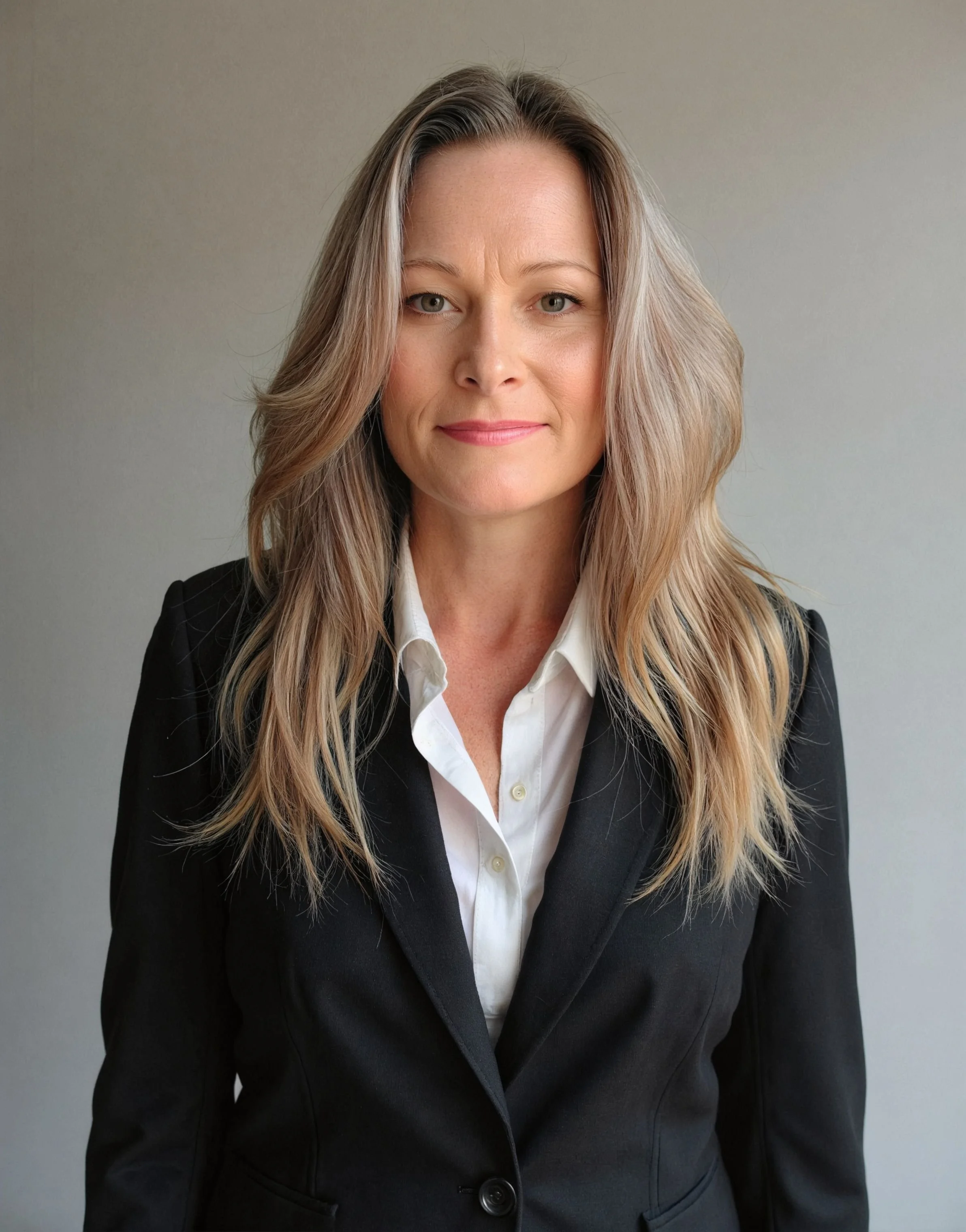 A woman wearing a business suit and a white shirt, standing confidently in a professional setting
