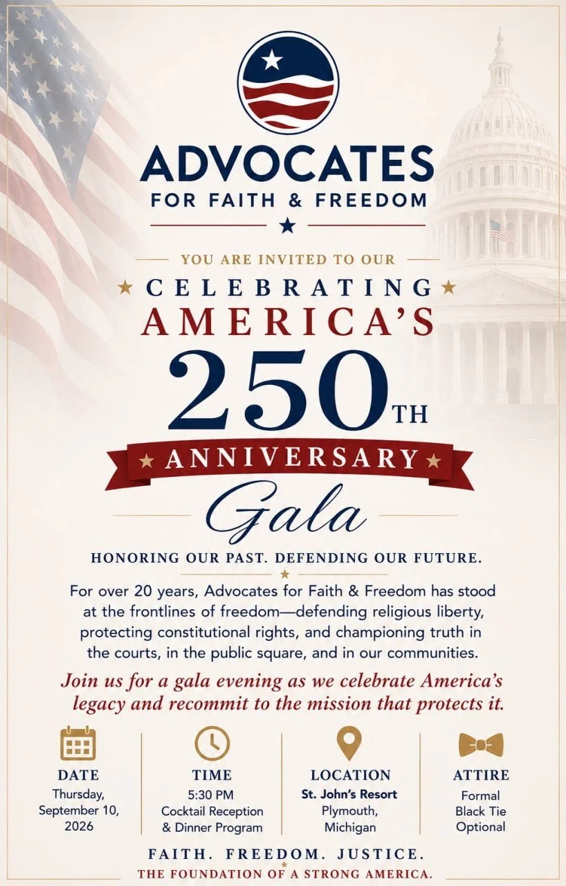Advocates for Faith & Freedom - Celebrating America's 250th Anniversary Gala - St. John's Resort - Plymouth