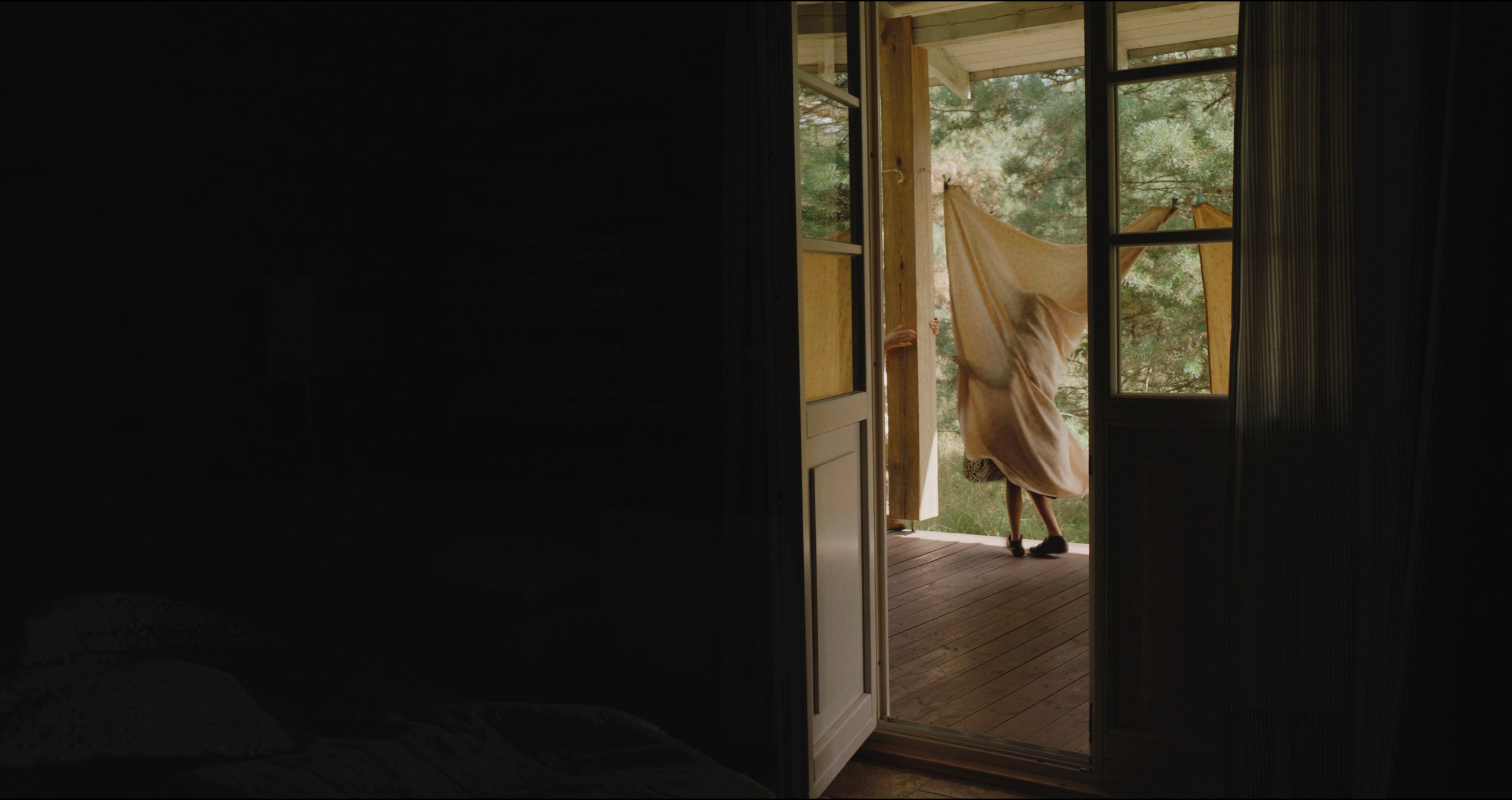 Person hanging a large fabric on an outdoor porch, visible through open doors from inside a dark room.