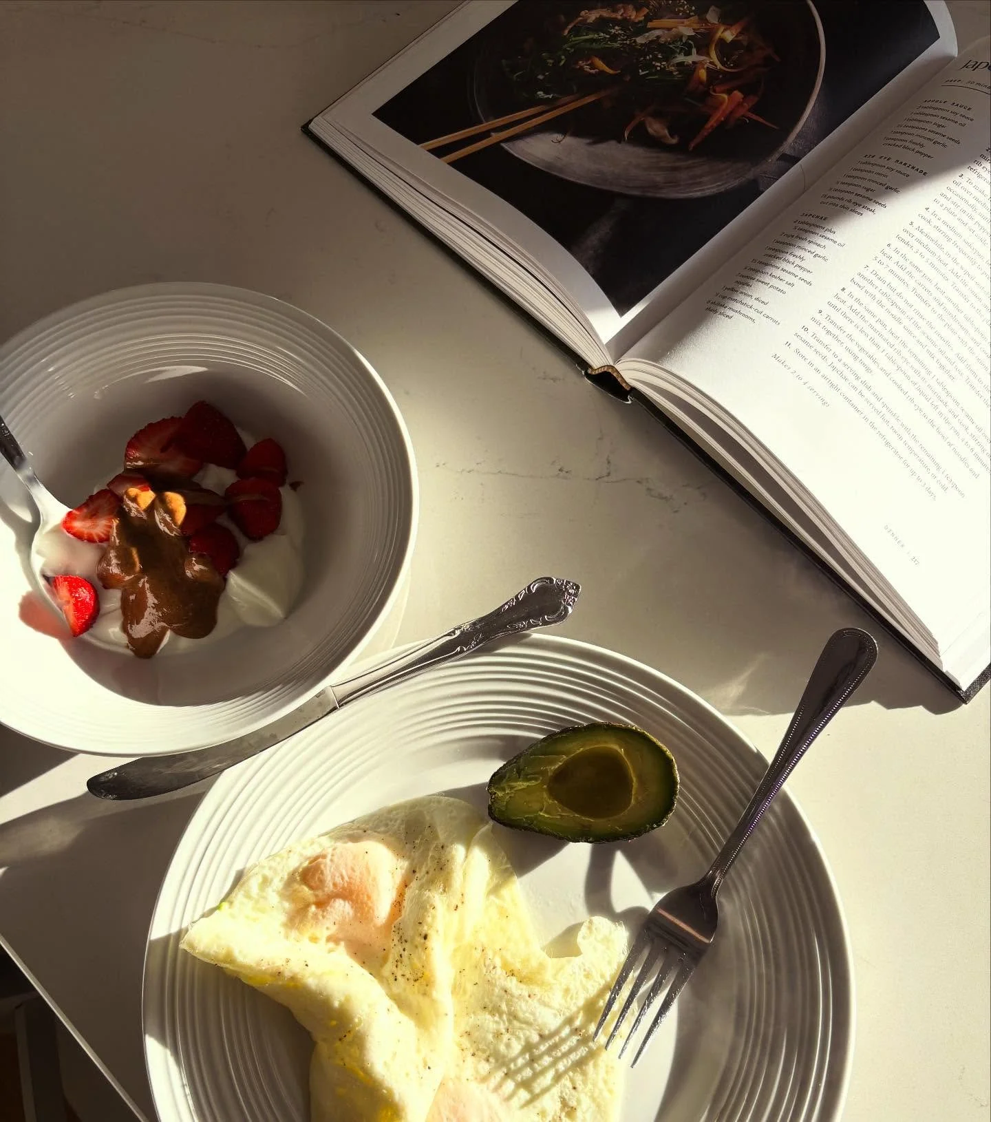 Breakfast doesn&rsquo;t need to be extravagant to be balanced or healthy. Start simple and build. 

Eggs for protein. 
Avocado for healthy fat
Yogurt and berries for fibre, protein and healthy fat. 
Not pictured here- a piece of sourdough bread for c