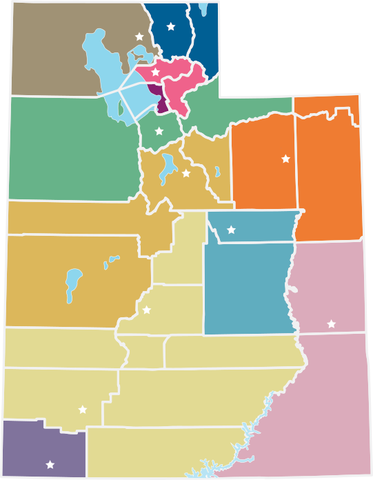 Color-coded map of Utah, showing where the Family Support Centers of Utah are located