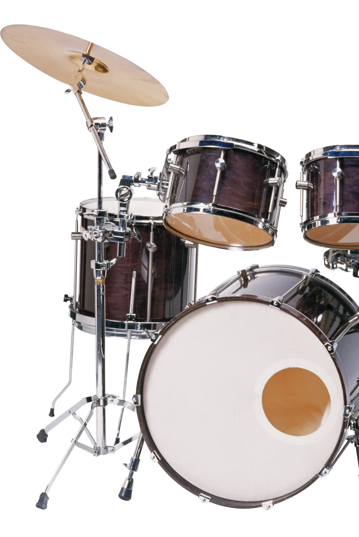 A drum set with a bass drum, two tom drums, a snare drum, and a cymbal on a stand