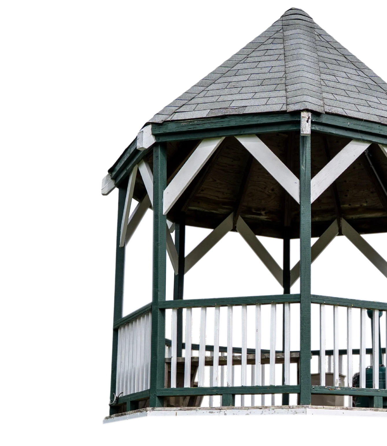 A wooden gazebo at Acadia Park in Sackville, NS, with a shingled roof and white railing, isolated on a transparent background.