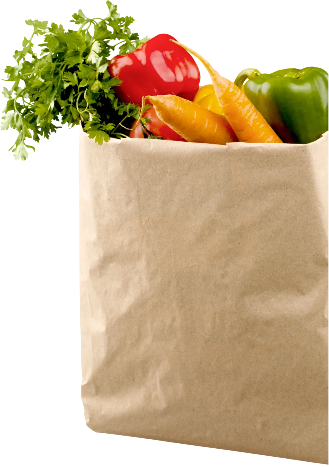 A paper grocery bag filled with fresh vegetables including cilantro, a red bell pepper, yellow carrots, and a green bell pepper.