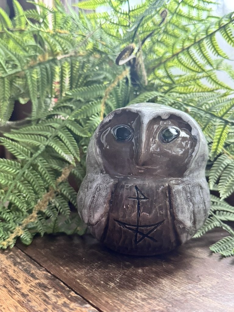Handmade Ceramic Owl with custom designed sigil carved into the chest