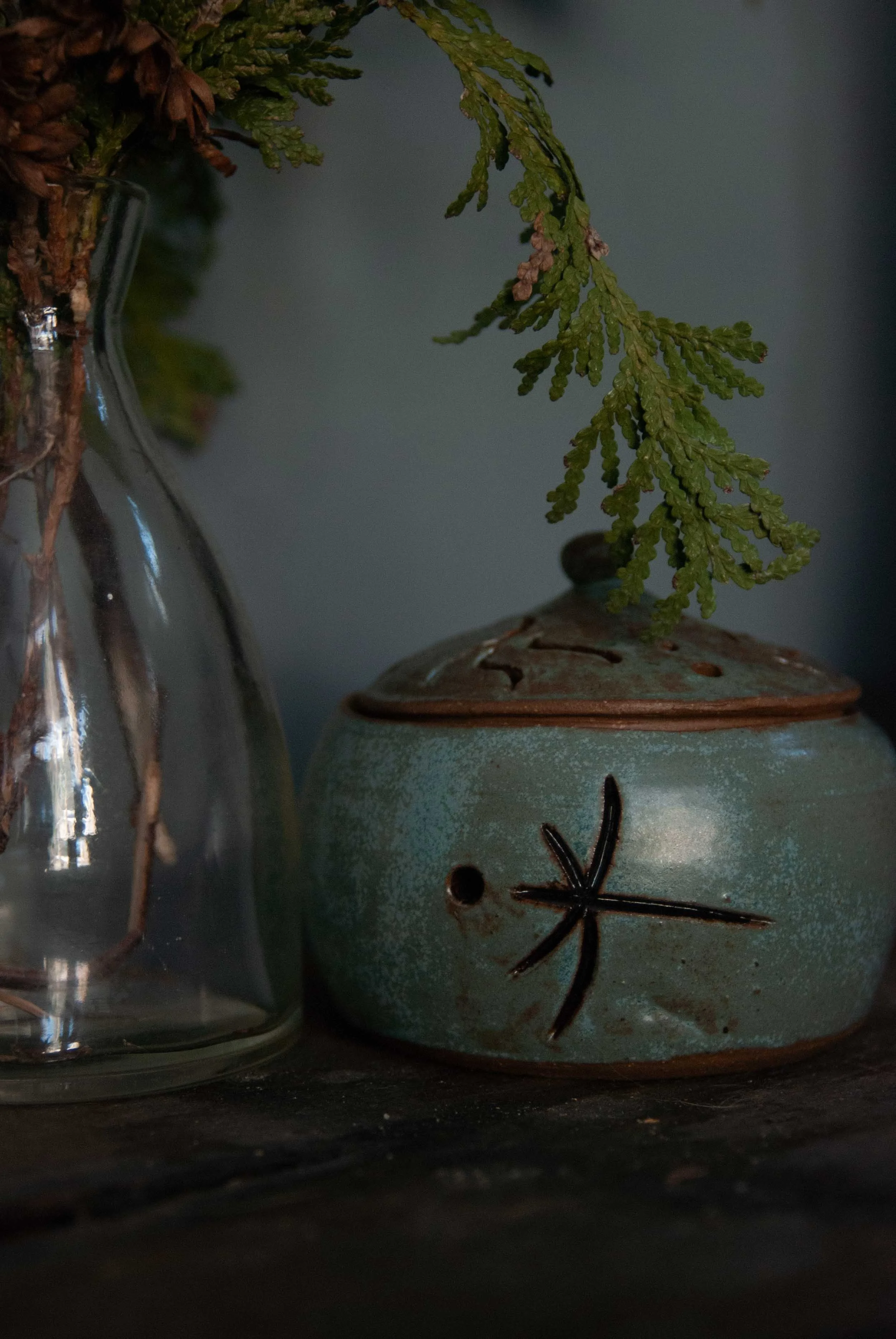 Close-up of a decorative ceramic container with a custom sigil carving on its side, next to a clear glass vase containing dried plant stems, with a green plant branch hanging above.