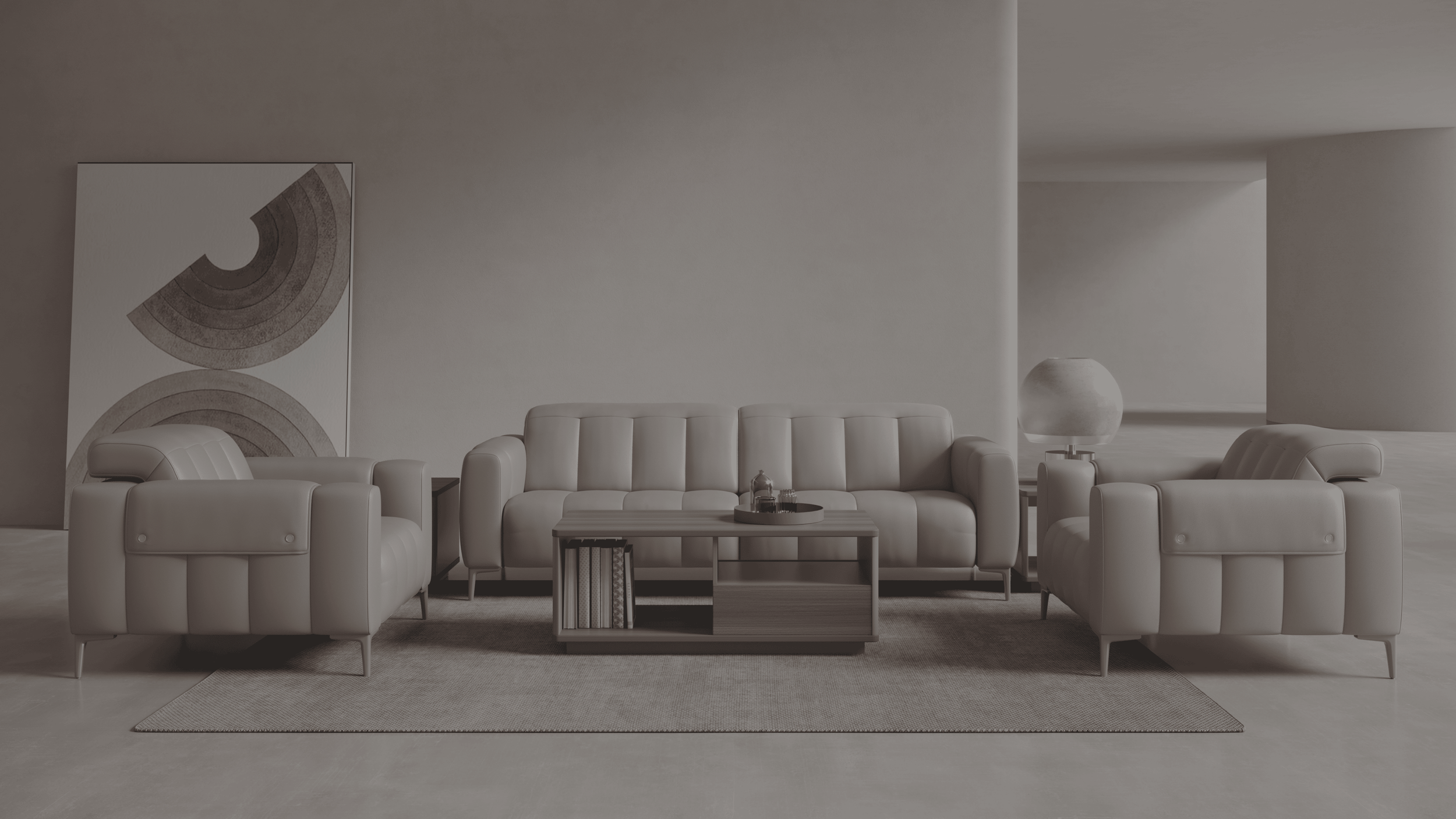 Minimalist living room with light-colored sofas, a coffee table with decorative items, abstract wall art, and a lamp on a side table.