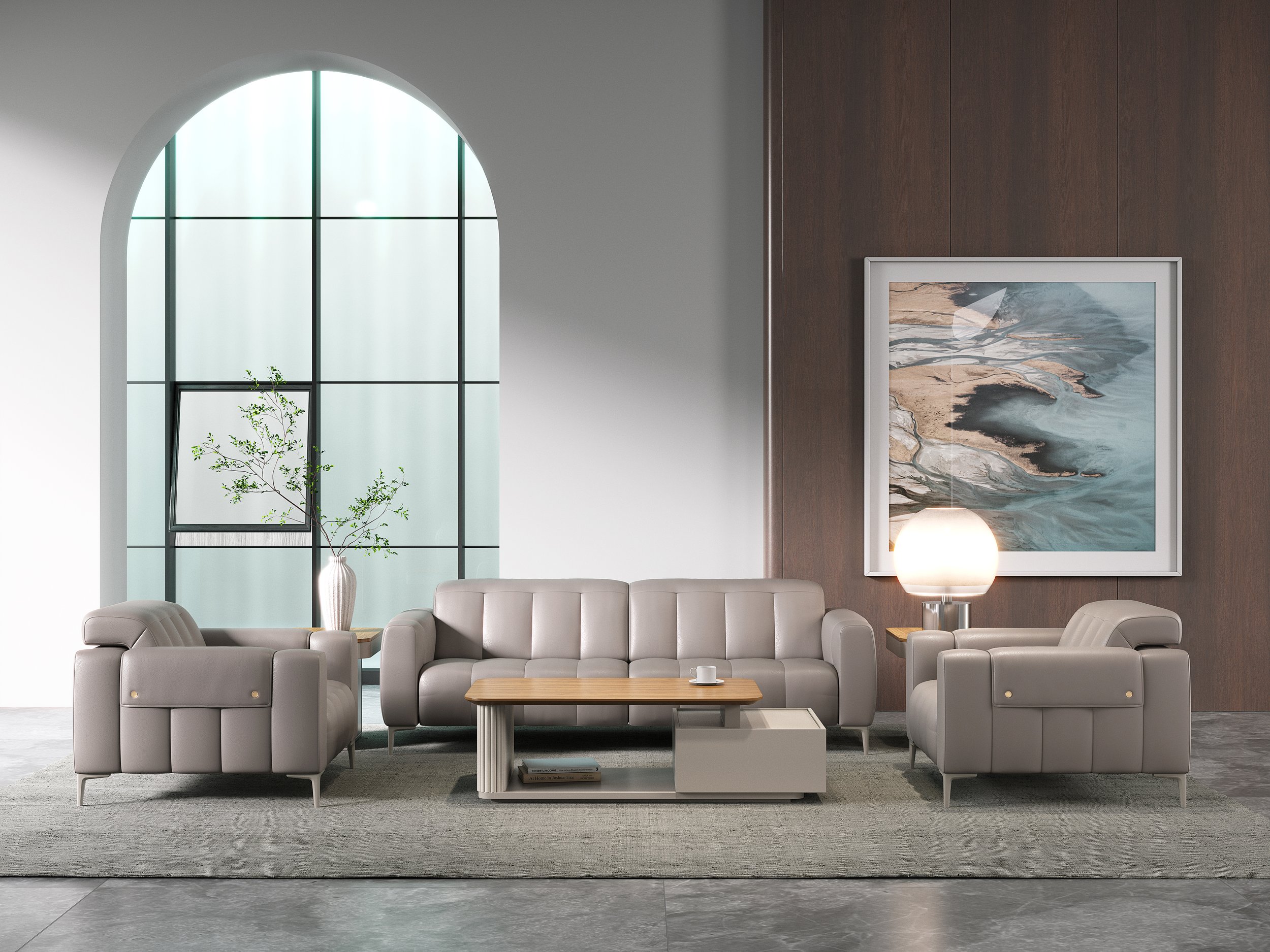 Modern living room with beige sofa and armchairs, wooden coffee table, large window with frosted glass, framed artwork, floor lamp, and potted plant.