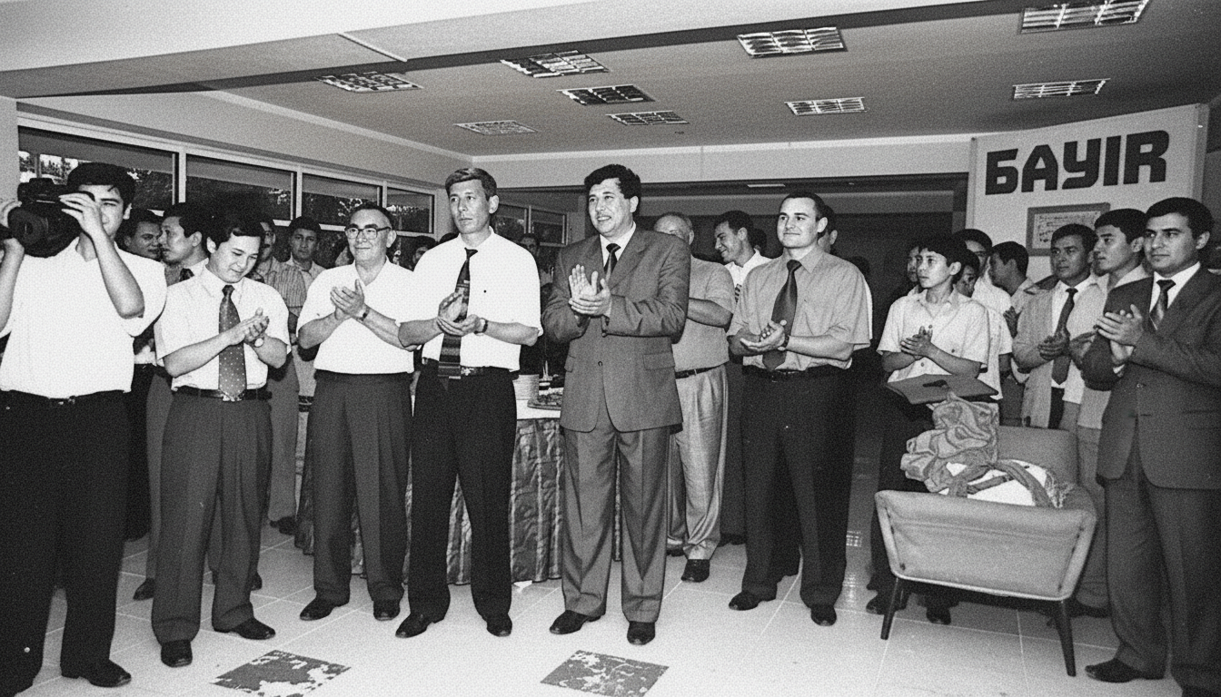 A group of people gathered indoors, some clapping, with a photographer on the left taking pictures. There is a large sign with the word 'BAYIR' in the background, and a chair with clothes on it is visible.