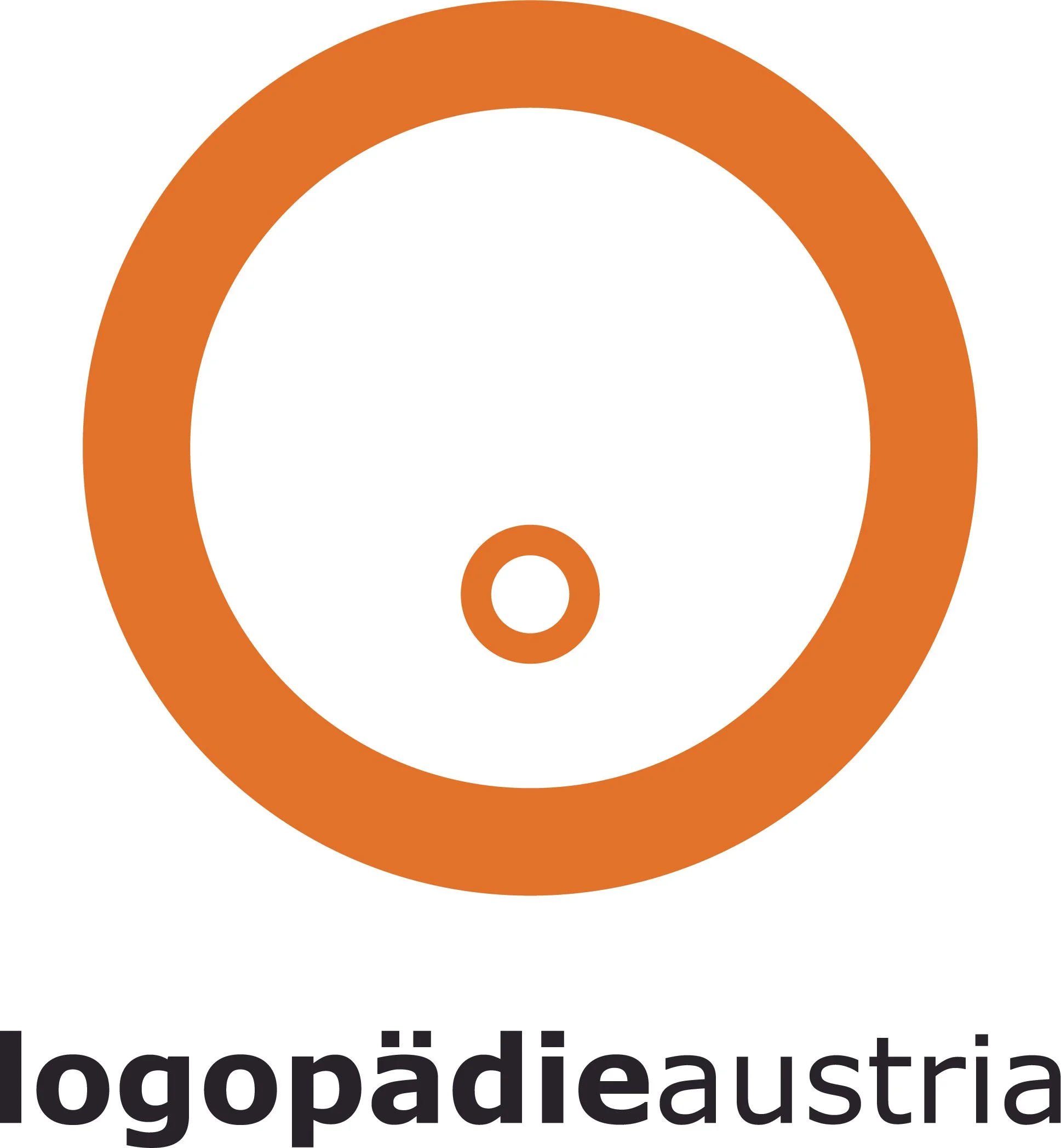 Logo der Logopädie Austria, bestehend aus orangefarbenem Kreis mit kleinerem Kreis in der Mitte, darunter der Schriftzug 'logopädieaustria'.