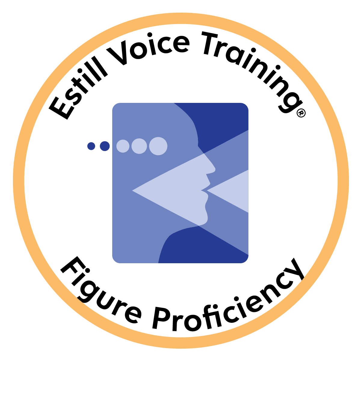 Abzeichen für das Estill Voice Training, Figur-Proficiency-Level, mit Symbol eines Gesichtprofils, das in eine sprechende Figur übergeht