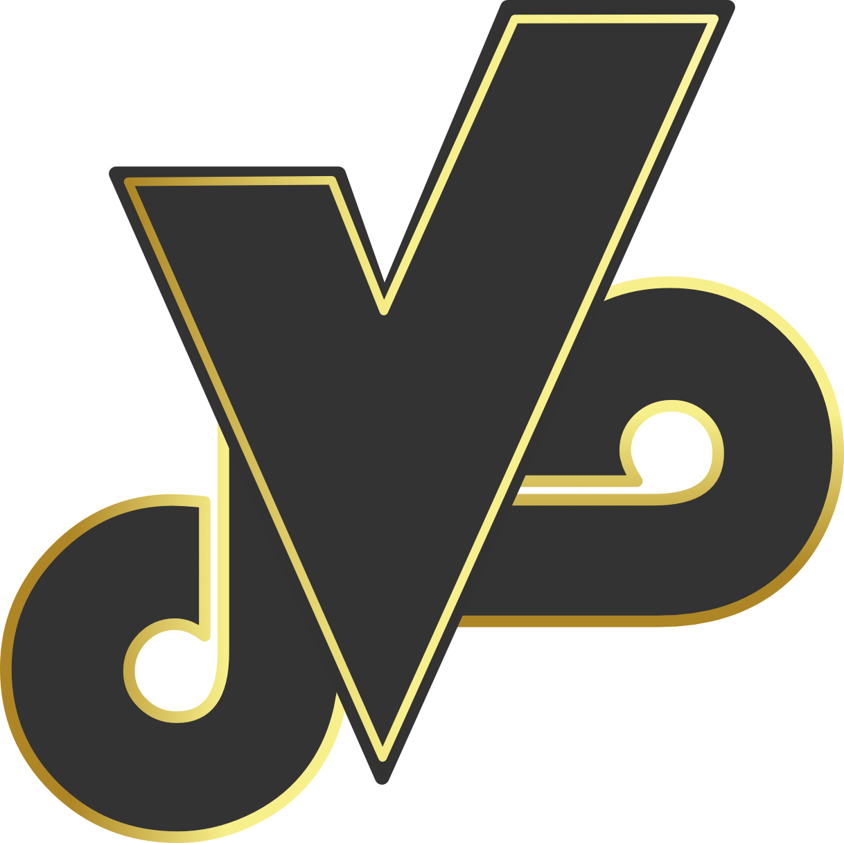 Stylized logo with two intertwined musical notes and a large black letter V outlined in yellow.