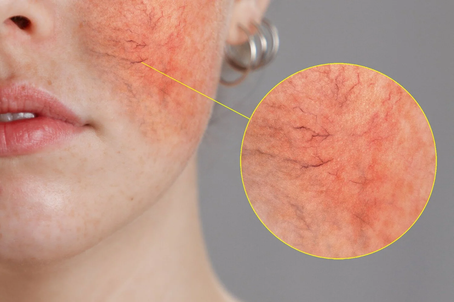Close-up of a person's face showing skin redness and visible broken blood vessels around the cheek area; a magnified inset on the right highlights the skin's redness and broken blood vessels.