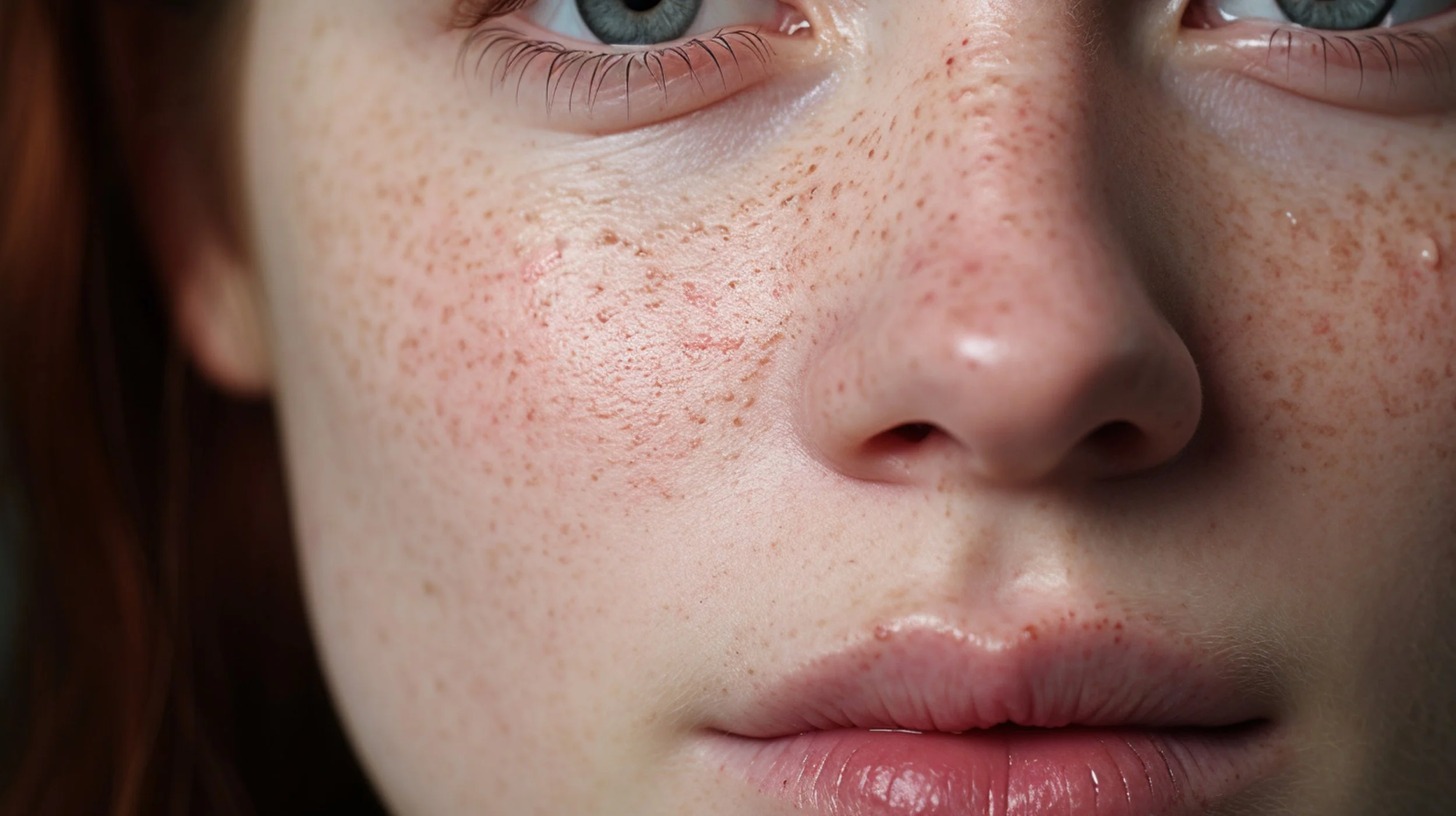 Close-up of a person's face with visible freckles on cheeks and nose, showing blue eyes, lips, and part of hair.