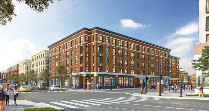 Street-level architectural rendering of the Walter Reed development featuring completed AV, security, and technology design services.